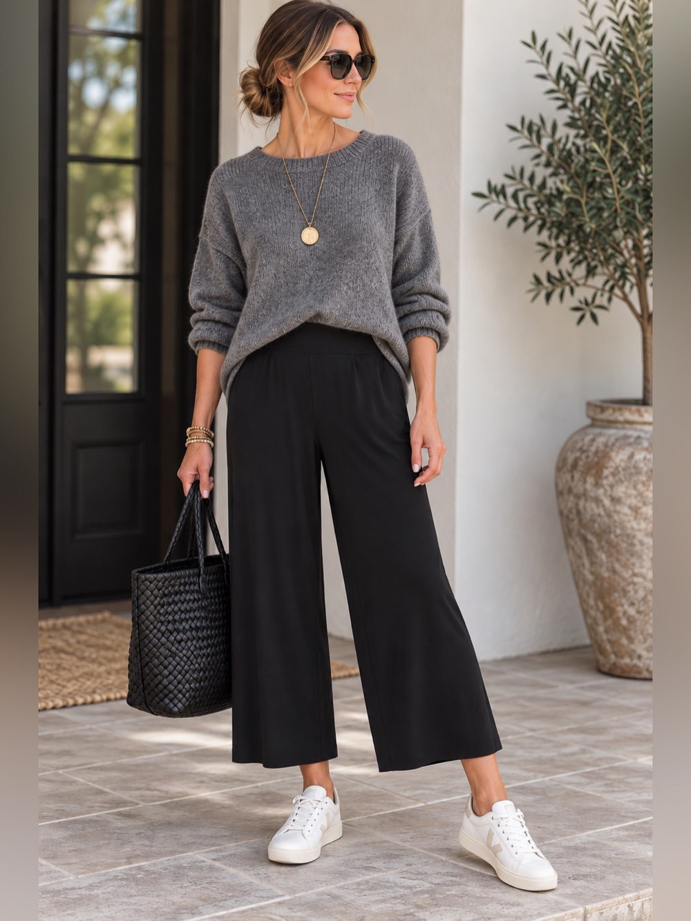 Eileen Fisher Black Wide Leg Pull On Pants L Stretch Minimalist Raw Hem